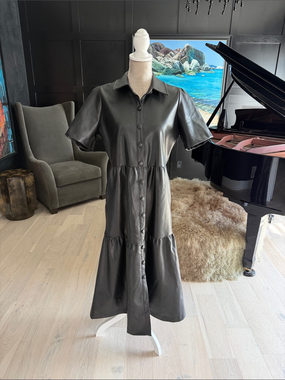Evereve Black Faux Leather Button-Front Midi Dress
